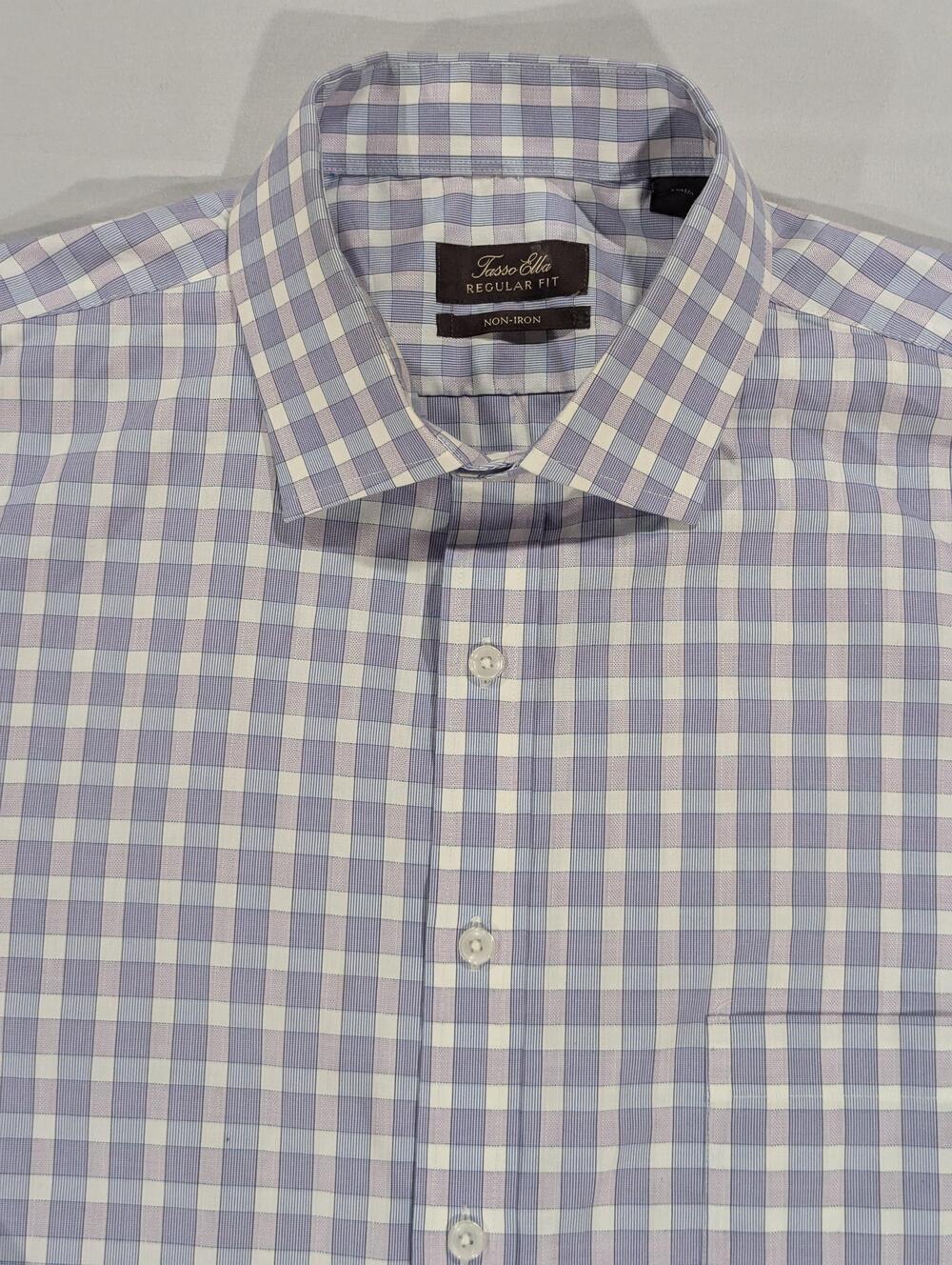 Tasso Elba Shirt Mens 17.5 36/37 Blue Gingham Long Sleeve Non-Iron Cotton Dress